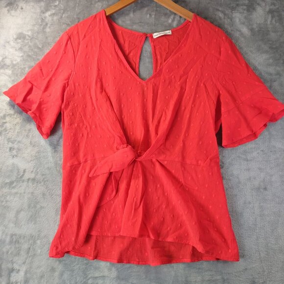 Dainty Hooligan Womens Tie Front eyelit TopM Red Ruffle Sleeve Keyhole Romantic - Picture 1 of 10